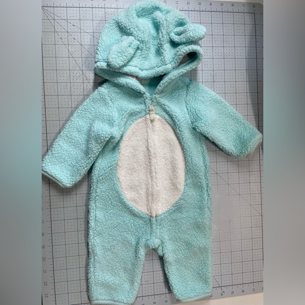 Baby Infant Blue Bunny Ears One Piece Zipper Pajama Onesie *stained* Clothes 6M